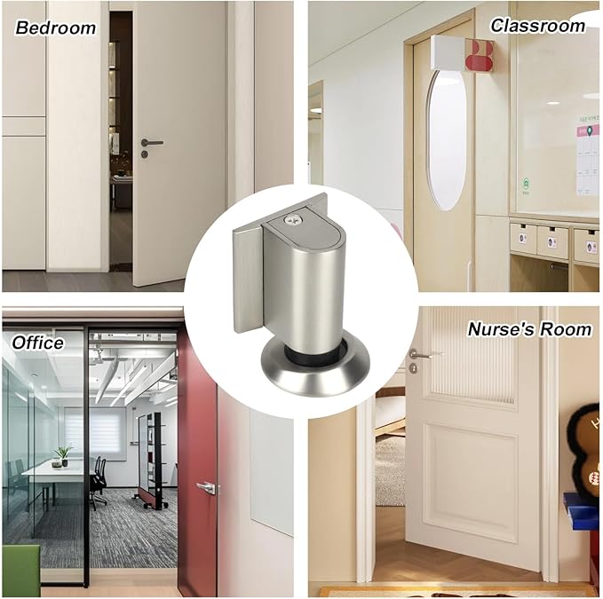 Magnetic Door Wedge Stopper, Heavy Duty No Drill Invisible Door Catch Holder with Screws & Adhesive Floor Mounted Wall & Doors Protector for Home Office (Silver Brushed Color)