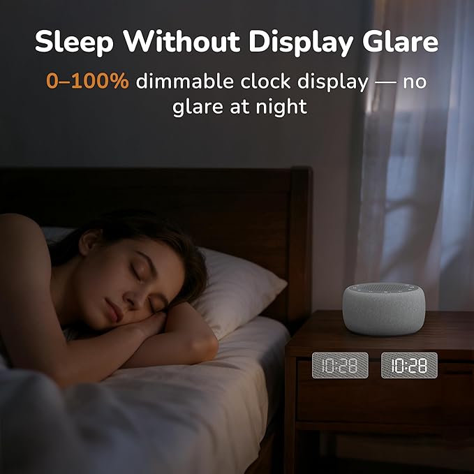 Buffbee Alarm Clock with Sound Machine for Bedrooms – 2-in-1 White Noise Machine for Sleep, Gentle Wake-Up with Soft Alarm Sounds, Ambient Night Light, Plug-in, Sleep Better, Wake Gently