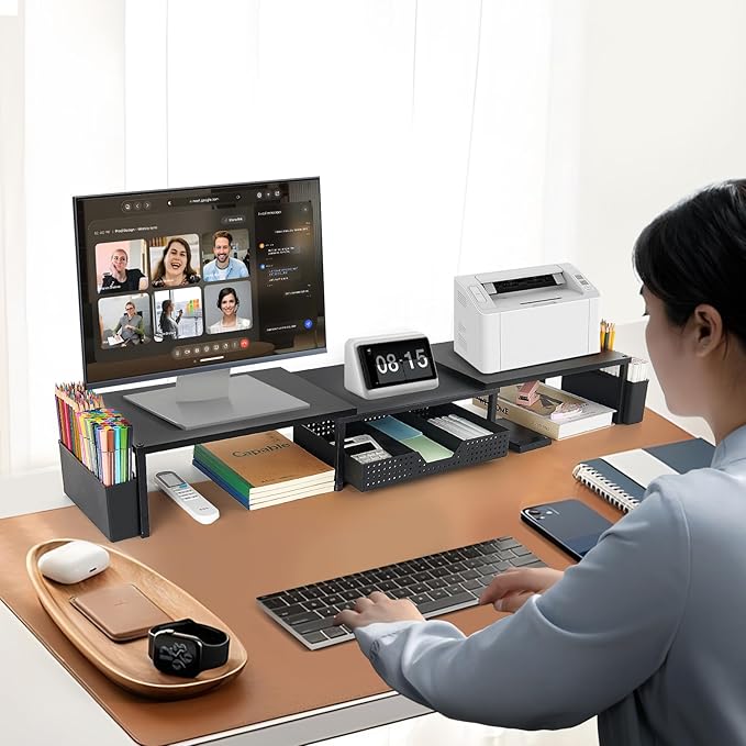 OPNICE Wood Desk Organizers and Accessories, Dual Monitor Stand Riser with Drawer and 2 Pen Holders, Desk Shelf Computer Racks for Office Workspace Organizers, Desktop Organization (Black)