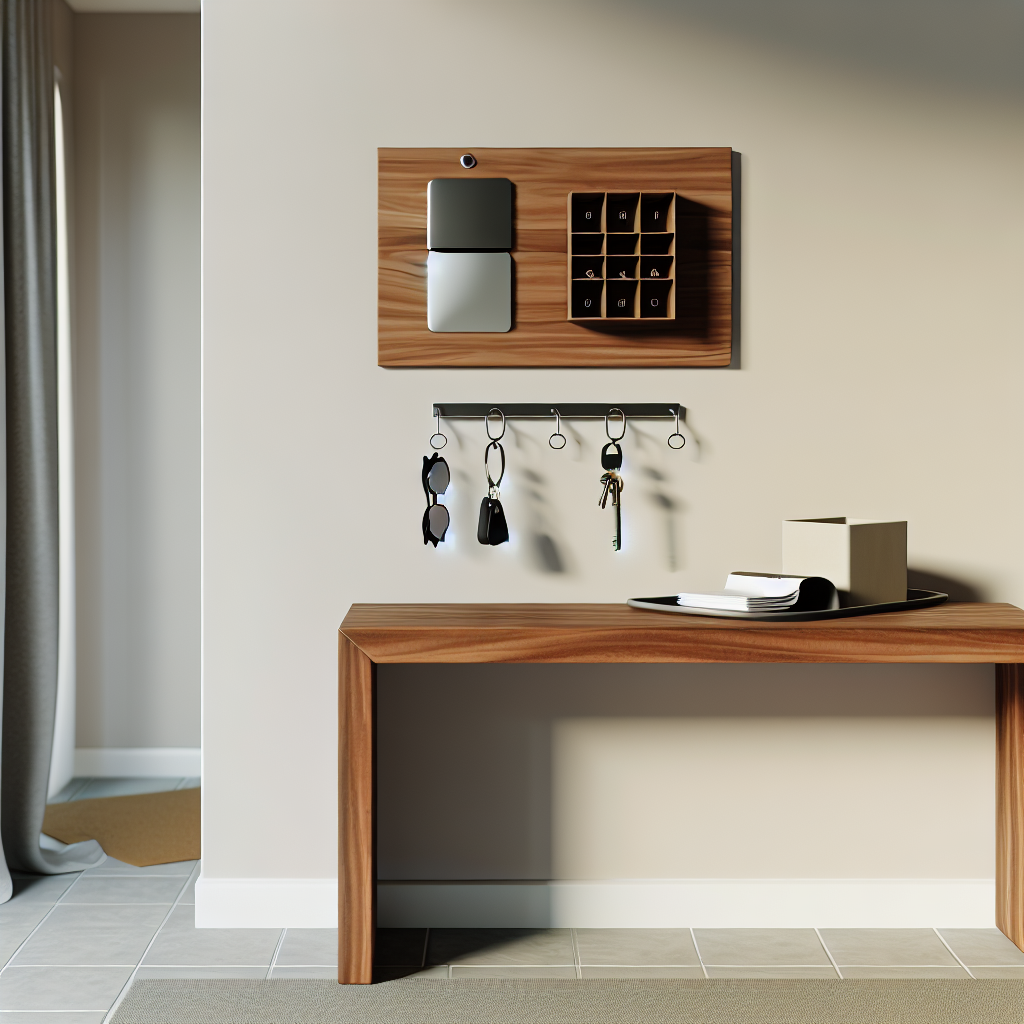 Organized entryway with catch-all tray and wall key organizer creating a calm, clutter-free space