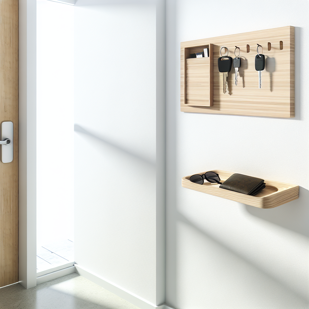 Organized entryway with wall-mounted key organizer and slim catch-all tray holding keys and wallet