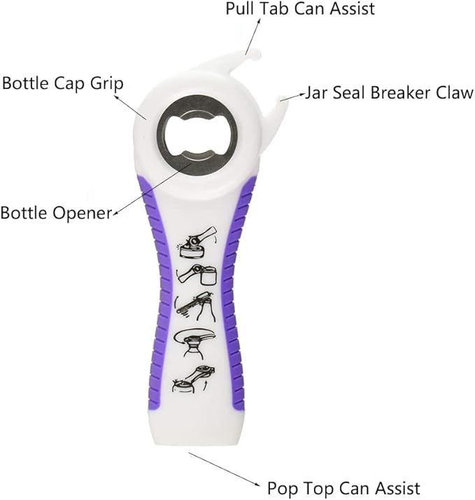 2 pack 5-in-1 Multi Function Plastic Grip Bottle Opener- Easily Opens Twist Caps, Bottle Caps, Canning Lids and Can Tabs (White)