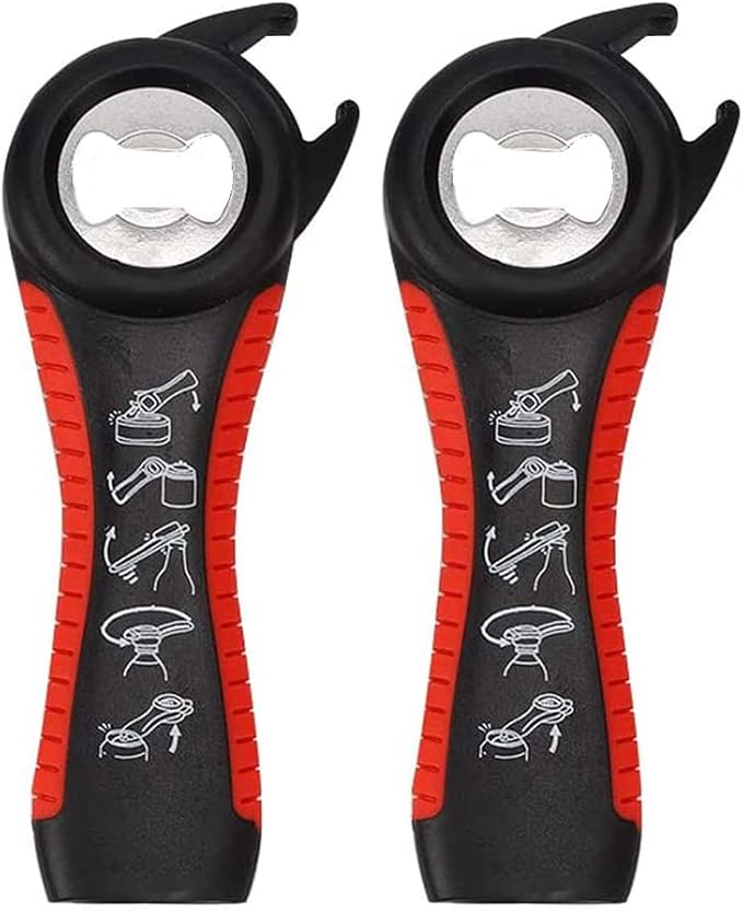 2 pack 5-in-1 Multi Function Plastic Grip Bottle Opener- Easily Opens Twist Caps, Bottle Caps, Canning Lids and Can Tabs (Black)