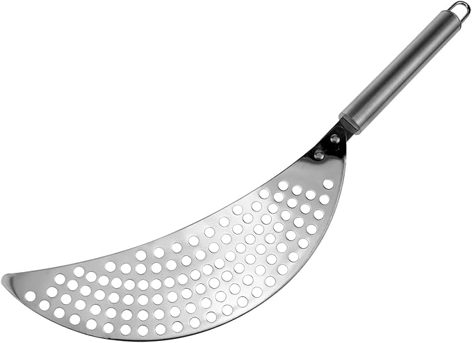 Pierced Crescent Pot Strainer, hand-held stainless steel pasta drainer, pot strainer with handle,which is suitable for different pot kitchen tools (1 pcs, strainer with handle)