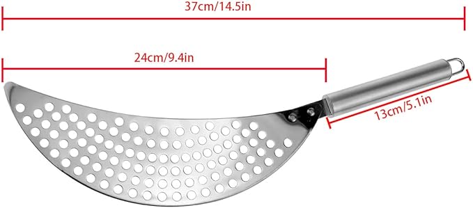 Pierced Crescent Pot Strainer, hand-held stainless steel pasta drainer, pot strainer with handle,which is suitable for different pot kitchen tools (1 pcs, strainer with handle)
