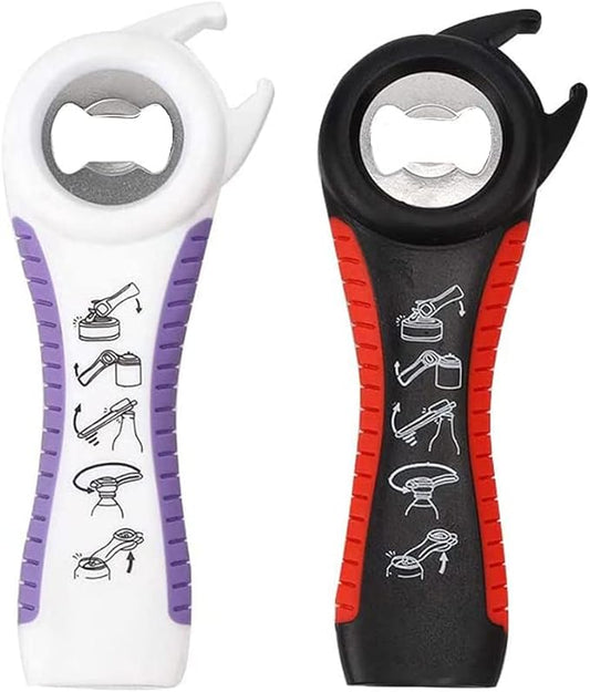 2 pack 5-in-1 Multi Function Plastic Grip Bottle Opener- Easily Opens Twist Caps, Bottle Caps, Canning Lids and Can Tabs (Black & White)