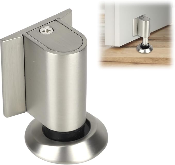 Magnetic Door Wedge Stopper, Heavy Duty No Drill Invisible Door Catch Holder with Screws & Adhesive Floor Mounted Wall & Doors Protector for Home Office (Silver Brushed Color)