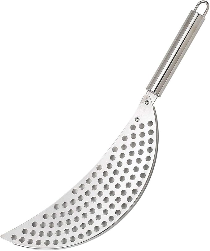 Pan Pot Strainer with Handle Stainless Steel Hand Held Crescent Drainer for Spaghetti Fry Noodles Fruit Vegetable Pasta Strainer Colander Heavy Duty Food Drainers