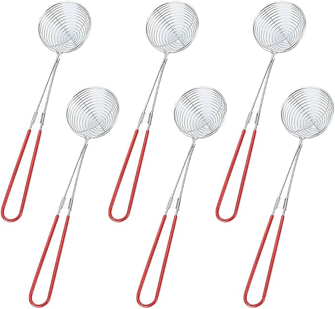 6 Pcs 2.5 inch Stainless Steel Strainer Scoops Hot Pot Strainer Spoons Slotted Strainer Ladle Spider Strainer Skimmer Kitchen Cooking Utensil Red