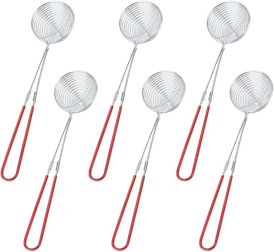6 Pcs 2.5 inch Stainless Steel Strainer Scoops Hot Pot Strainer Spoons Slotted Strainer Ladle Spider Strainer Skimmer Kitchen Cooking Utensil Red