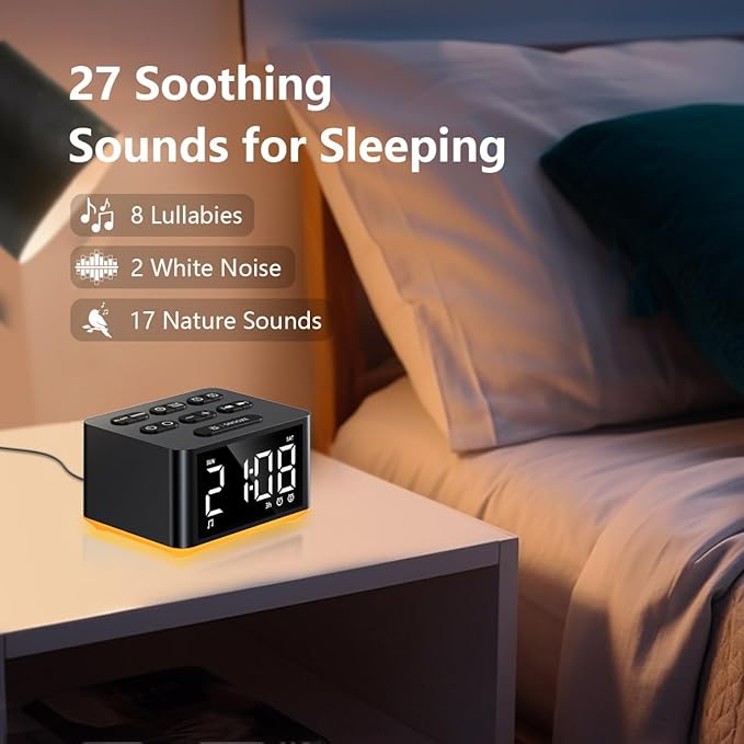 【3 in 1】 Sound Machine Dual Alarm Clock Night Light White Noise Machine 27 Sleeping Sounds for Adults Kids Precise 32 Level Volume Sleep Timer Memory Function Digital Clock with 30 Wake Up Sounds