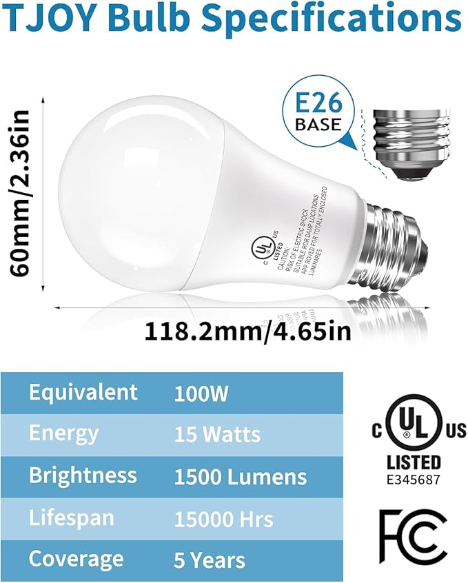 TJOY 12 Pack LED Light Bulbs, 100 Watt Equivalent, 15W Cool White 4000K A19 LED Bulbs, 1500 Lumens, E26 Standard Base, Neutral White Lightbulbs, Non Dimmable Lamp for Home Indoor Kitchen