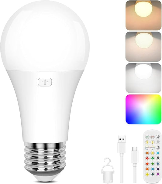 Yochoice Rechargeable Battery Operated Wireless Puck A19 Light Bulb with Remote Control 1 Packs, Dimmable Detachable LED Bulb with 15 Colors Selectable 3 Timer, for Wall Sconce, Non Hardwired