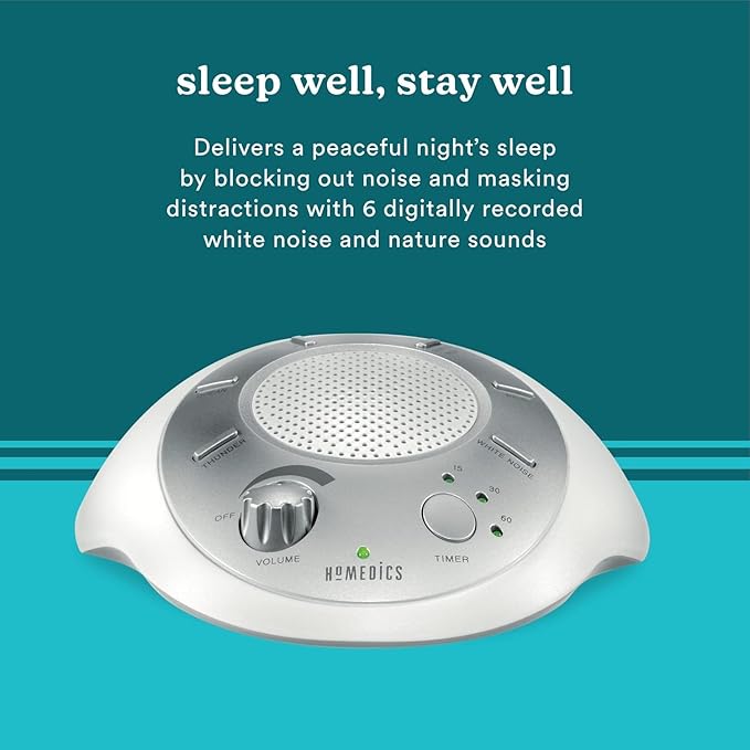 Homedics SoundSleep White Noise Machine, Silver, Small Travel Size with 6 Relaxing Nature Sounds, Portable Therapy for Home, Office, Nursery, Auto-Off Timer