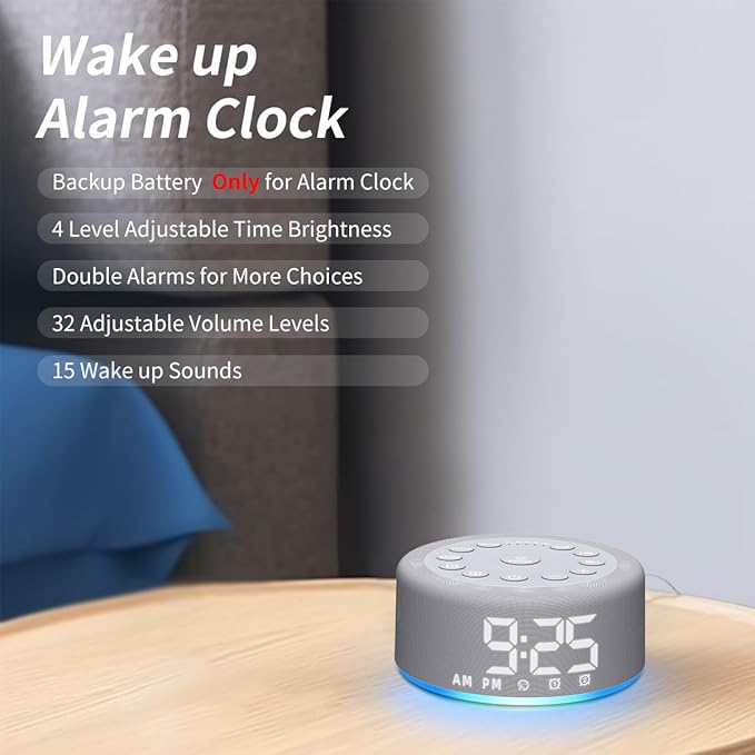 Plug-in Sound White Noise Machine Brown Noise Machine & Alarm Clock with Rechargeable Backup Battery Night Light Dual Alarms 30 Sleeping Sounds for Baby Kids Adults 5 Timers 15 Wake Up Sounds & Memory
