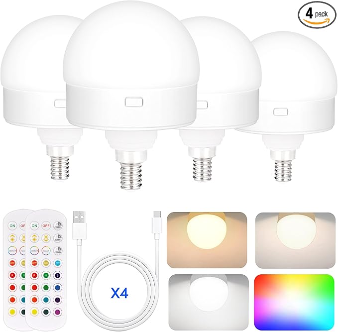 Yochoice 4-Pack E12 Rechargeable Battery Operated Light Bulb with Remote, Dimmable LED Bulb with 15 Colors Selectable & 3 Timer, Wireless Detachable Puck Light Bulb for Wall Sconce, Non-Hardwired