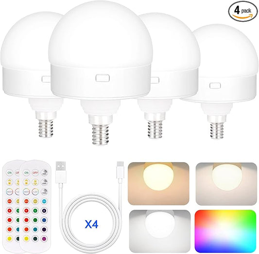 Yochoice 4-Pack E12 Rechargeable Battery Operated Light Bulb with Remote, Dimmable LED Bulb with 15 Colors Selectable & 3 Timer, Wireless Detachable Puck Light Bulb for Wall Sconce, Non-Hardwired