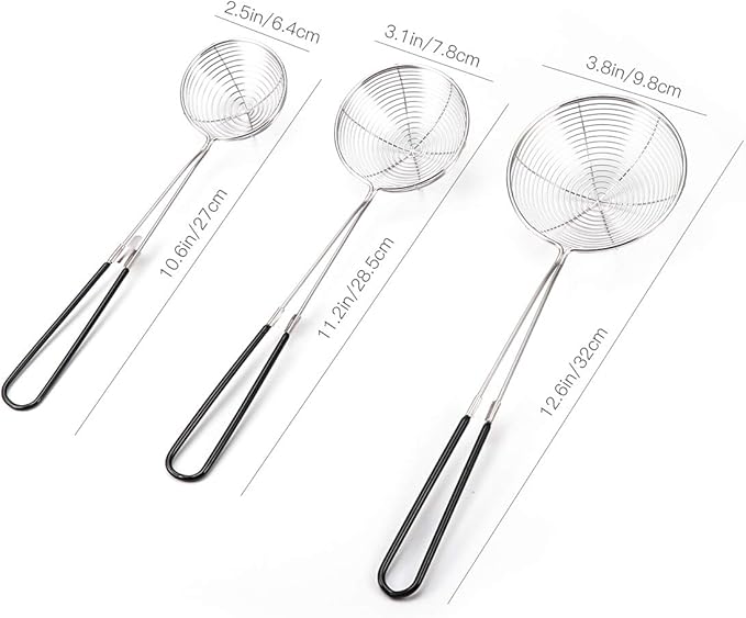 3pcs Small Round Hot Pot Strainer - Stainless Steel Asian Shabu Shabu Spider Skimmer Spoon Set, Mesh Slotted Scoops Soup Ladle