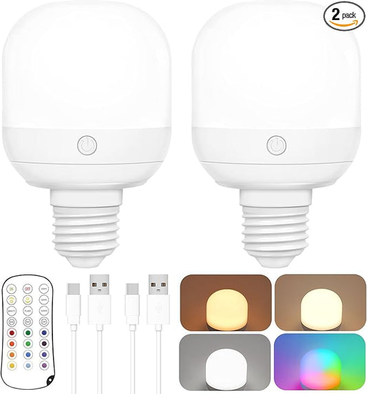 Yochoice 2-Pack Rechargeable Battery Operated Light Bulb with Remote Control, E26 Battery Powered Dimmable Light Bulb with 3 Color Temperatures + 12 RGB Colors, Detachable LED Bulb for Wall Sconce