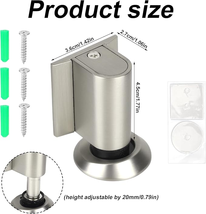 Magnetic Door Wedge Stopper, Heavy Duty No Drill Invisible Door Catch Holder with Screws & Adhesive Floor Mounted Wall & Doors Protector for Home Office (Silver Brushed Color)