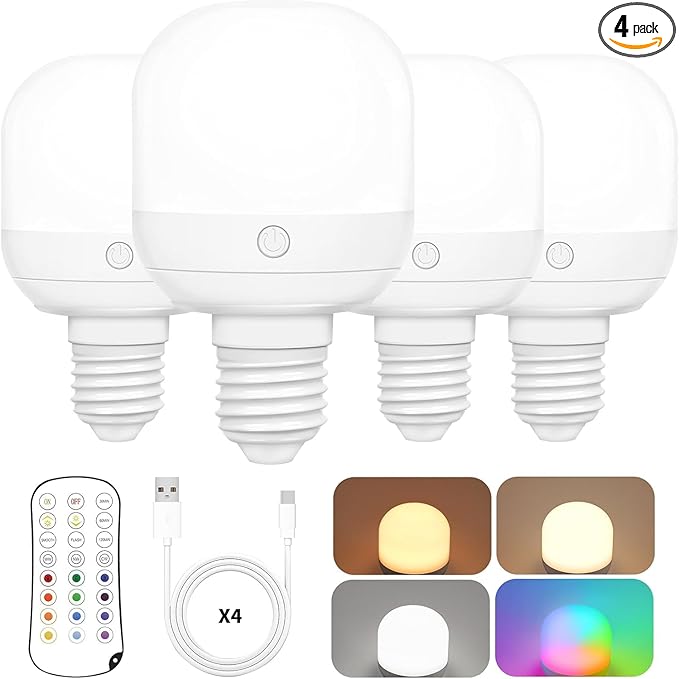 Yochoice Rechargeable Light Bulbs for lamp with 15 Colors Selectable & 3 Timer, Dimmable Battery Light Bulb with Remote Control, Detachable Cordless Light Bulbs for Non-Hardwired Fixture, 4 Pack