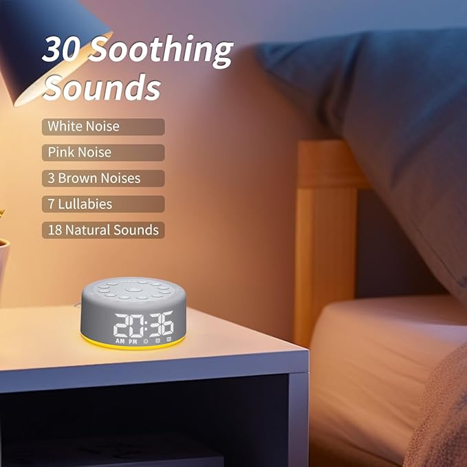 Plug-in Sound White Noise Machine Brown Noise Machine & Alarm Clock with Rechargeable Backup Battery Night Light Dual Alarms 30 Sleeping Sounds for Baby Kids Adults 5 Timers 15 Wake Up Sounds & Memory