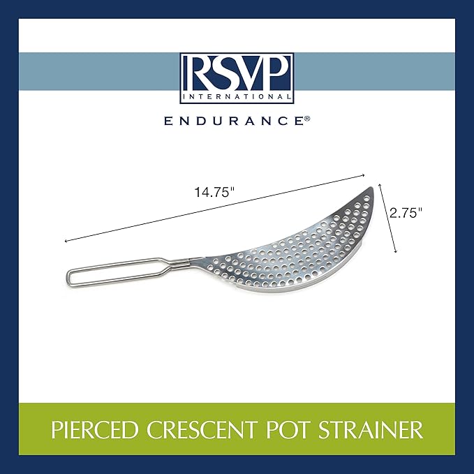 RSVP International Endurance Collection Pierced Crescent Pot Strainer, 14x75x2x75", 18/8 Stainless Steel