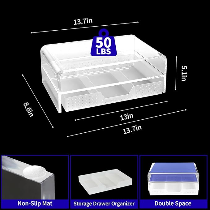 OPNICE Acrylic Clear Desk Organizers and Accessories, 2-Tier Computer Monitor Stand Riser with Drawer, Laptop Stand, Office Desk Accessories for Office Supplies, Transparent