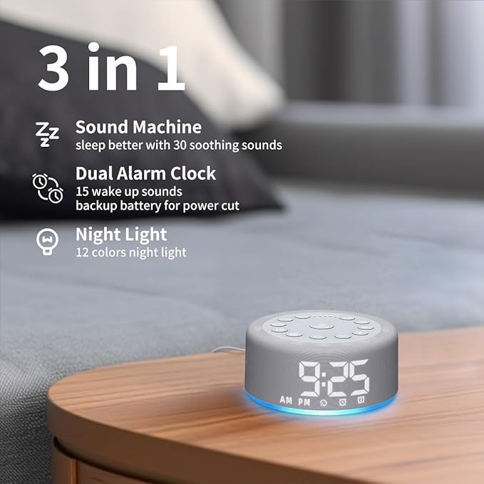 Plug-in Sound White Noise Machine Brown Noise Machine & Alarm Clock with Rechargeable Backup Battery Night Light Dual Alarms 30 Sleeping Sounds for Baby Kids Adults 5 Timers 15 Wake Up Sounds & Memory