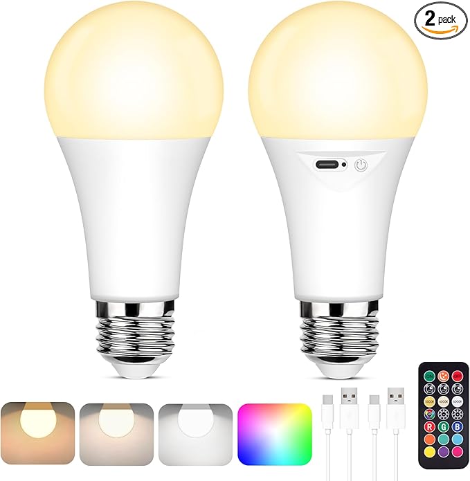 Yochoice Rechargeable Battery Operated Light Bulb with Remote Control, Dimmable LED A19 Bulb with 9 Colors Selectable & 3 Timer, Wireless Light Bulb for Wall Sconce, Non-Hardwired，2 Pack
