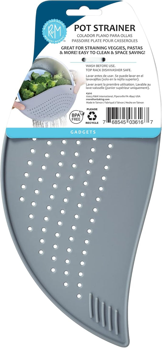 R&M Pot Strainer Great for Straining Pasta, Veggies and More. Flat Surface for Easy Storage, Easy to Clean, Top Rack Dishwasher Safe, Grey