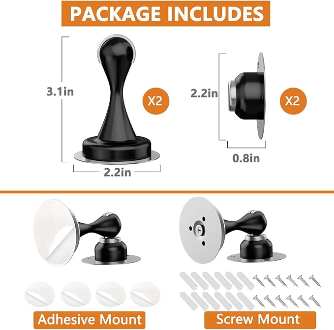 Magnetic Door Stopper - Stainless Steel Door Stoppers for Bottom of Door| Magnetic Door Stop for Wall and Floor Mounting| No Drilling Door Catch Door Holder with 3D Adhesive Tapes, Black 1 Pack