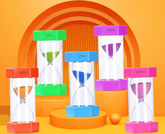 Premium Sandglass Timers Set - Vibrant 5-Piece Hourglass Collection with Protective Covers - Ideal as Kitchen Timer, Classroom Tool, Kids Toothbrush Timer, Office Decor - 3/5/10/20/30 Minutes