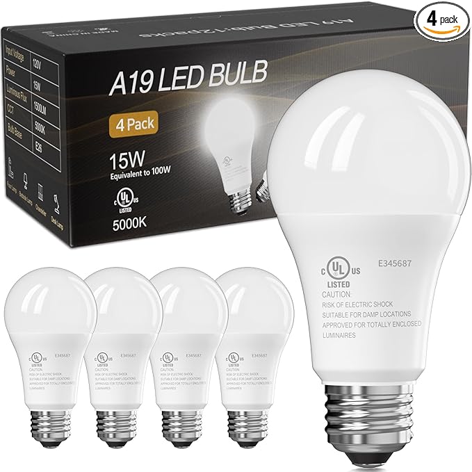TJOY LED Light Bulbs, 100 Watt Equivalent A19, 5000K Daylight LED Bulb, 15W Bright White Energy Saving Lightbulbs with E26 Standard Base, 1500 Lumens Non Dimmable Lamp for Home Bedroom Indoor, 4 Pack