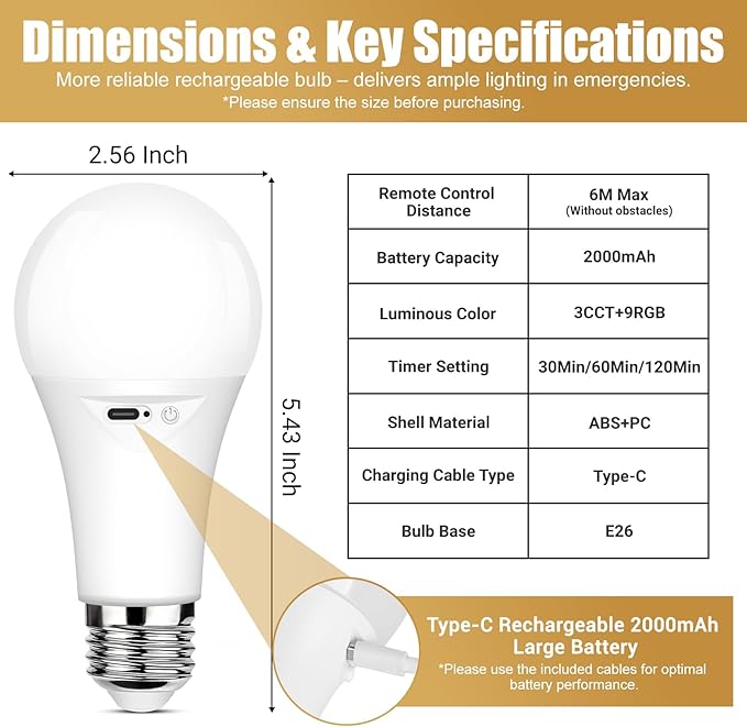 Yochoice Rechargeable Battery Operated Light Bulb with Remote Control, Dimmable LED A19 Bulb with 9 Colors Selectable & 3 Timer, Wireless Light Bulb for Wall Sconce, Non-Hardwired，2 Pack