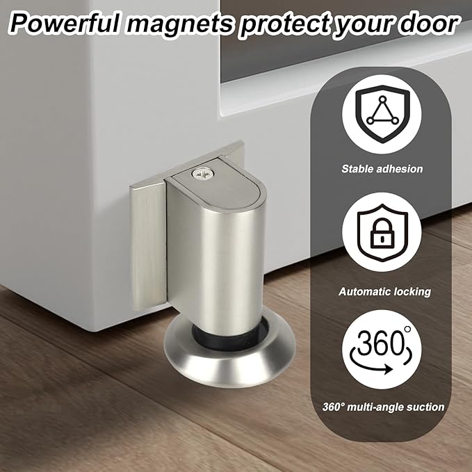 Magnetic Door Wedge Stopper, Heavy Duty No Drill Invisible Door Catch Holder with Screws & Adhesive Floor Mounted Wall & Doors Protector for Home Office (Silver Brushed Color)