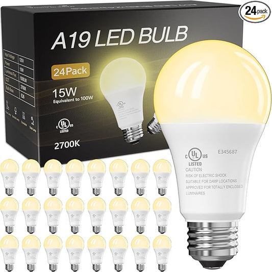 TJOY 24 Pack LED Light Bulbs, 100 Watt Equivalent A19 LED Bulbs, Soft Warm White 2700K, Energy Saving Lightbulbs with E26 Standard Base, 1500 Lumens Non Dimmable Lamp for Home Bedroom Kitchen
