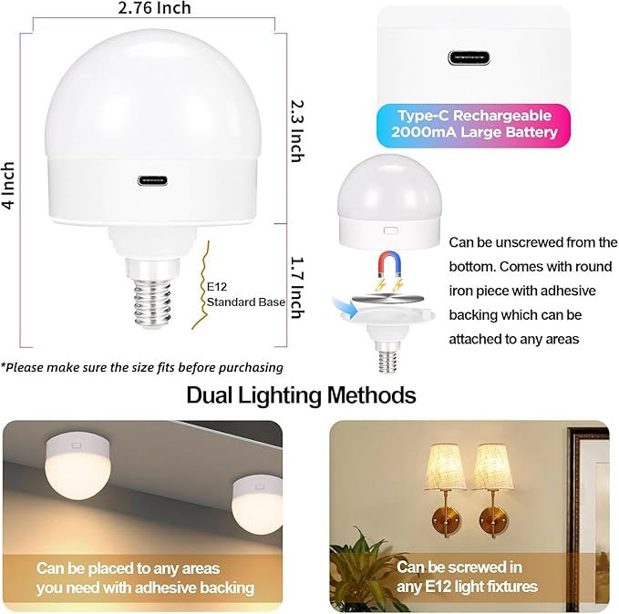 Yochoice 4-Pack E12 Rechargeable Battery Operated Light Bulb with Remote, Dimmable LED Bulb with 15 Colors Selectable & 3 Timer, Wireless Detachable Puck Light Bulb for Wall Sconce, Non-Hardwired