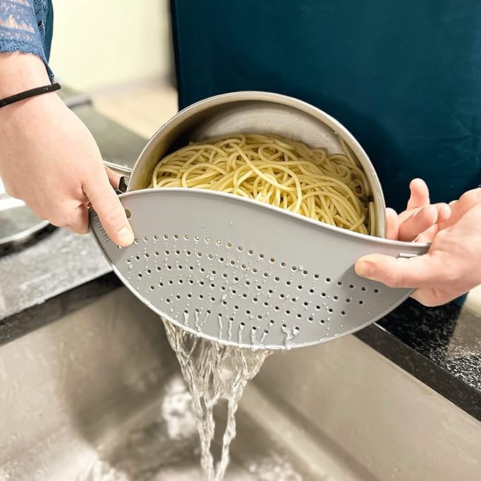 R&M Pot Strainer Great for Straining Pasta, Veggies and More. Flat Surface for Easy Storage, Easy to Clean, Top Rack Dishwasher Safe, Grey