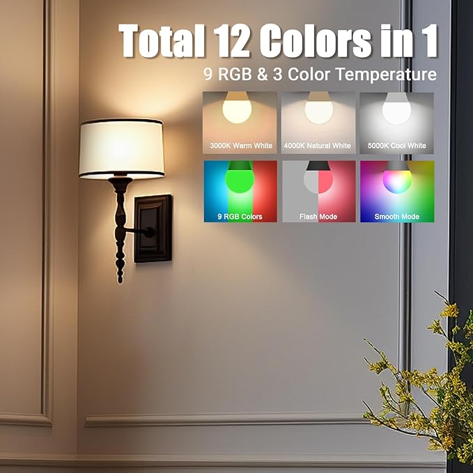 Yochoice Rechargeable Battery Operated Light Bulb with Remote Control, Dimmable LED A19 Bulb with 9 Colors Selectable & 3 Timer, Wireless Light Bulb for Wall Sconce, Non-Hardwired，2 Pack