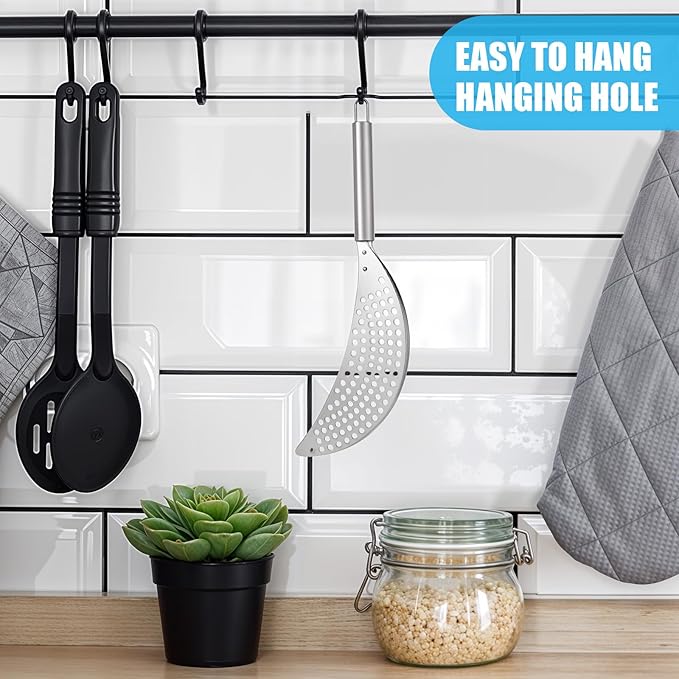 TIESOME Stainless Steel Held Pot Strainer, Pasta Strainer with handle Silver Durable Insert Drainer for Spaghetti Fry Noodles Fruit Vegetable Kitchen Pots Pans(14.17×2.55inch)