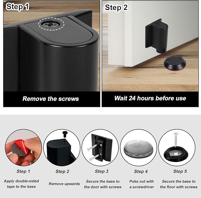 Magnetic Door Wedge Stopper, No Drill Floor Mounted Doorstops Holder with Screws Heavy Weight Duty & Invisible Doorstops Accessories Skirtings Catch Parts Replacement for Keeping Doors Open (Black)
