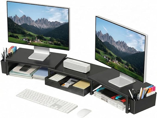 OPNICE Wood Desk Organizers and Accessories, Dual Monitor Stand Riser with Drawer and 2 Pen Holders, Desk Shelf Computer Racks for Office Workspace Organizers, Desktop Organization (Black)