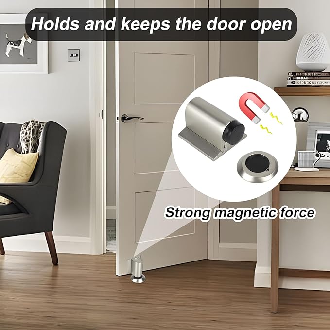 Magnetic Door Wedge Stopper, Heavy Duty No Drill Invisible Door Catch Holder with Screws & Adhesive Floor Mounted Wall & Doors Protector for Home Office (Silver Brushed Color)