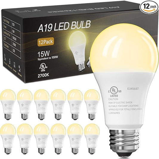 TJOY 12 Pack LED Light Bulbs, 100 Watt Equivalent A19 LED Bulbs, Soft Warm White 2700K, Energy Saving Lightbulbs with E26 Standard Base, 1500 Lumens Non Dimmable Lamp for Home Bedroom Kitchen