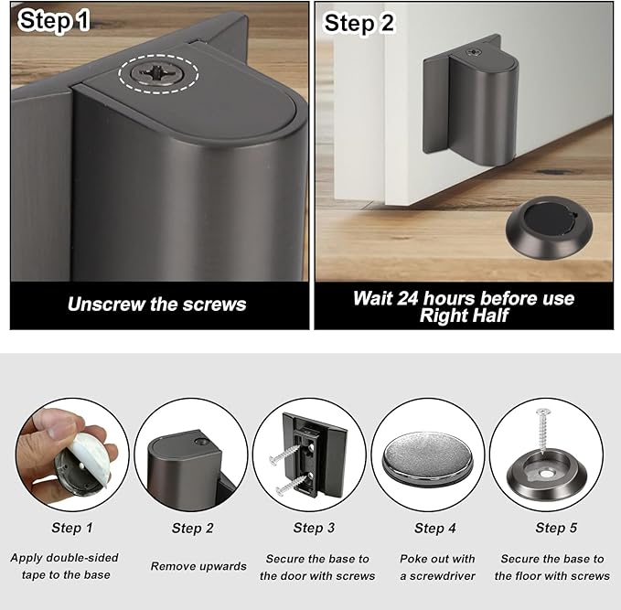 Magnetic Door Wedge Stopper, Heavy Duty No Drill Invisible Door Catch Holder with Screws & Adhesive Floor Mounted Wall & Doors Protector for Home Office (Gray)