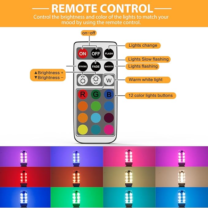 YUIIP E12 LED Color Changing Candelabra Light Bulb with Remote Control, 2W, 200LM, 20W Halogen Equivalent, Multicolor RGB Dimmable Mood Candle Colored Light Bulb for Home Decor, Party, Pack of 2