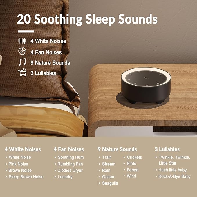 Kipcush White Noise Machine for Sleeping, 20 Soothing Sounds Including White Pink Brown Noise, Fan and Nature, Custom Shortcut Buttons, Dimmable Night Light, 8 Hour Timer, USB Powered