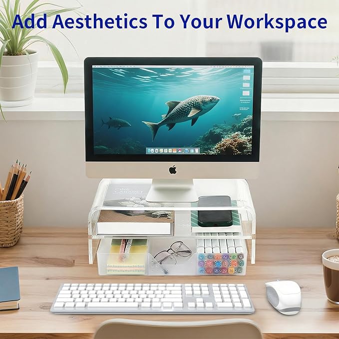 OPNICE Acrylic Clear Desk Organizers and Accessories, 2-Tier Computer Monitor Stand Riser with Drawer, Laptop Stand, Office Desk Accessories for Office Supplies, Transparent