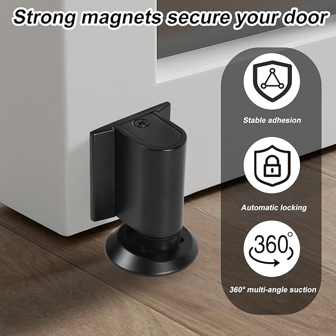 Magnetic Door Wedge Stopper, No Drill Floor Mounted Doorstops Holder with Screws Heavy Weight Duty & Invisible Doorstops Accessories Skirtings Catch Parts Replacement for Keeping Doors Open (Black)